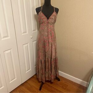 Women’s sexy maxi boho halter sundress free size in pink jade tan paisley